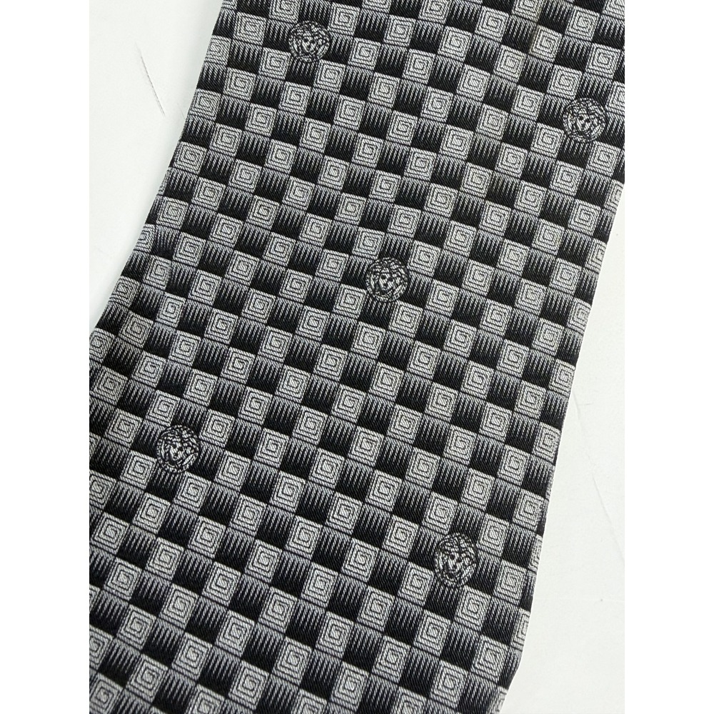 Gianni Versace Necktie Mens OS Grey Black Checkered Medusa Silk Italy Luxury Tie